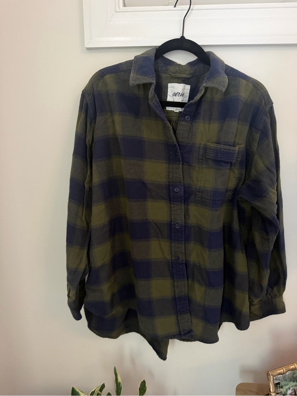 aerie Olive and Navy Plaid Flannel Button-Down Shirt